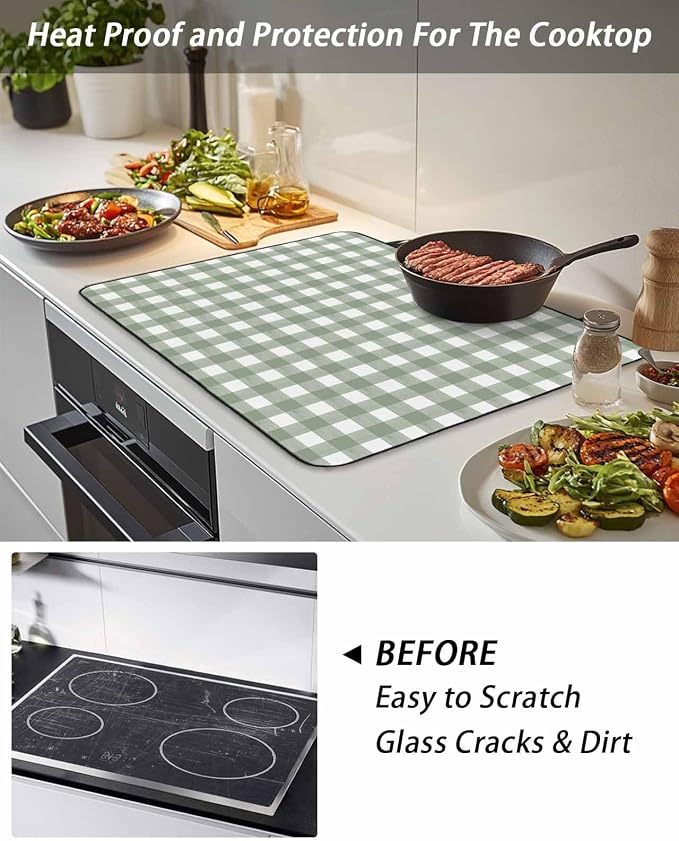 Stove Top Covers for Electric Stove 24x21 Inches, Sage Green Buffalo Plaid HeatResistant Glass Cooktop Protector, Country Green White Checker Modern Ceramic Stovetop Countertop Covers Mat, Oven Cover