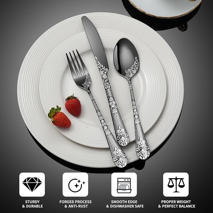40 Piece Black Silverware Set, Stainless Steel Flatware Cutlery Set Service for 8, Mirror Polished Tableware Eating Utensils Set for Home Kitchen, Include Knife Fork Spoon Set, Dishwasher Safe