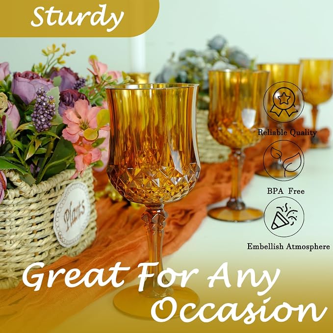 24Pack Plastic Wine Glasses, 7oz Vintage Goblets for Wedding | Unbreakable Crystal Style Reusable Stemware, Elegant Amber Drinking Glass for Party Anniversary & Holiday Celebration