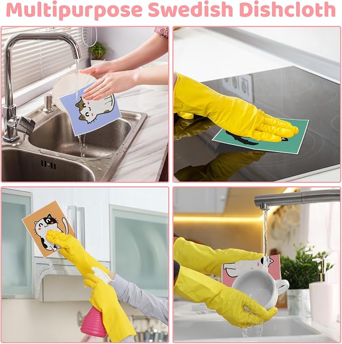 6 Pack Swedish Dishcloths for Kitchen, Cat Gifts for Cat Lovers Swedish Rag | Absorbent Dish Cloth with Adhesive Clips, Reusable Paper Towels No Odor for Countertop Sink Kitchen Cat Mom Gift for Women
