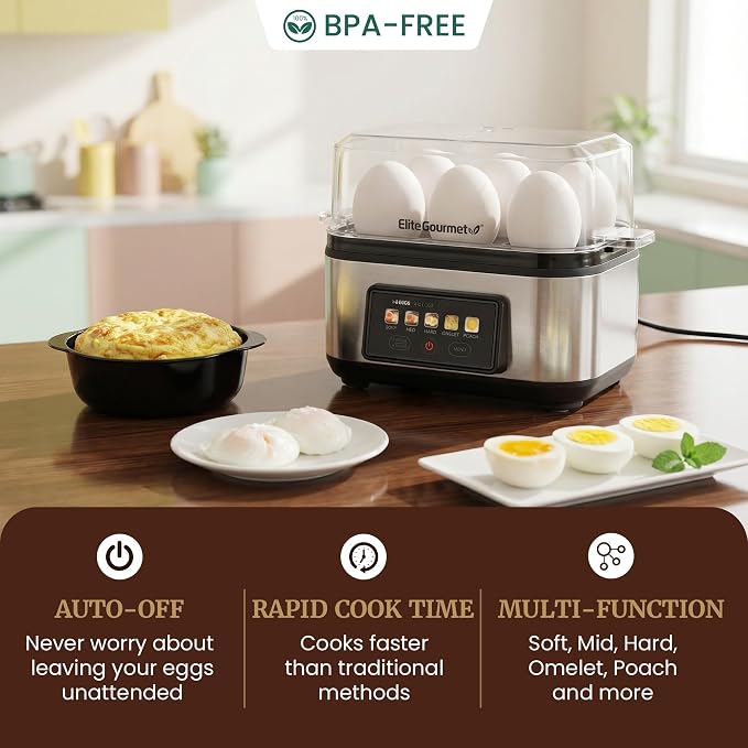 Elite Gourmet Digital Egg Cooker, 6-Egg, Steel Heating Plate & Housing | One-touch graphic display cooks soft, medium, or hard-boiled eggs plus poached eggs and omelets - auto shut-off feature
