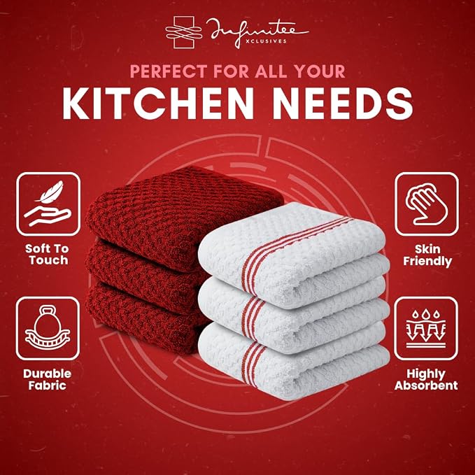 Infinitee Xclusives Kitchen Towels - 6 Pack - Cotton Dish Towel |15" x 25"| | 100% Cotton, Highly Absorbent Tea Towels - Lint Free, Soft, Durable & Quick Dry, Ideal for Drying Dishes & Kitchen Cleaning