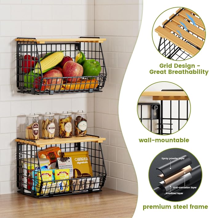 Hanging Fruit Basket for Kitchen, 3 Pack Vegetable Produce Basket | Wood Lid, Wall Mounted & Countertop Wire Storage Basket for Potato Onion Fruits Vegetables, Pantry Organizers Storage