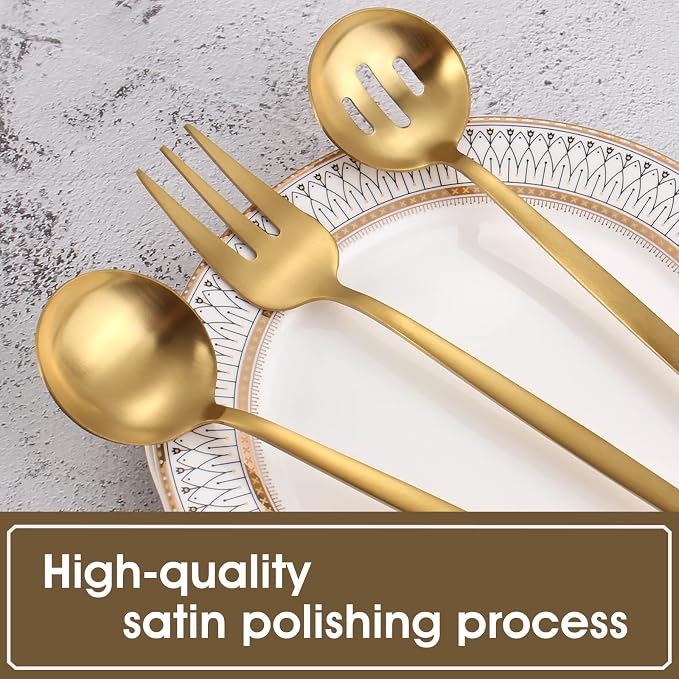 VANVRO Matte Gold Serving Silverware Set, 5-Piece Round Shared Utensils Set of Stainless Steel, Hostess Flatware Serving Set, Satin Finish, Dishwasher Safe