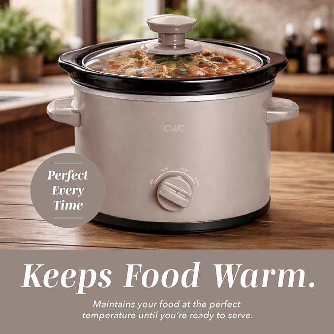 COOK WITH COLOR 2QT Mini Electric Round Slow Cooker - Adjustable Settings, Removable Stoneware Pot, Tempered Glass Lid, Dishwasher Safe, Cool-Touch Side Handles, Greige