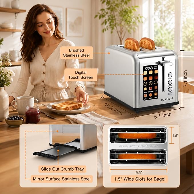 2 Slice Touch Screen Toaster with Wide Slots Stainless Steel Toasters for Family Breakfast, Even Toasting for Bagels & Bread, Reheat & Defrost, Easy Removable Crumb Tray, Silver