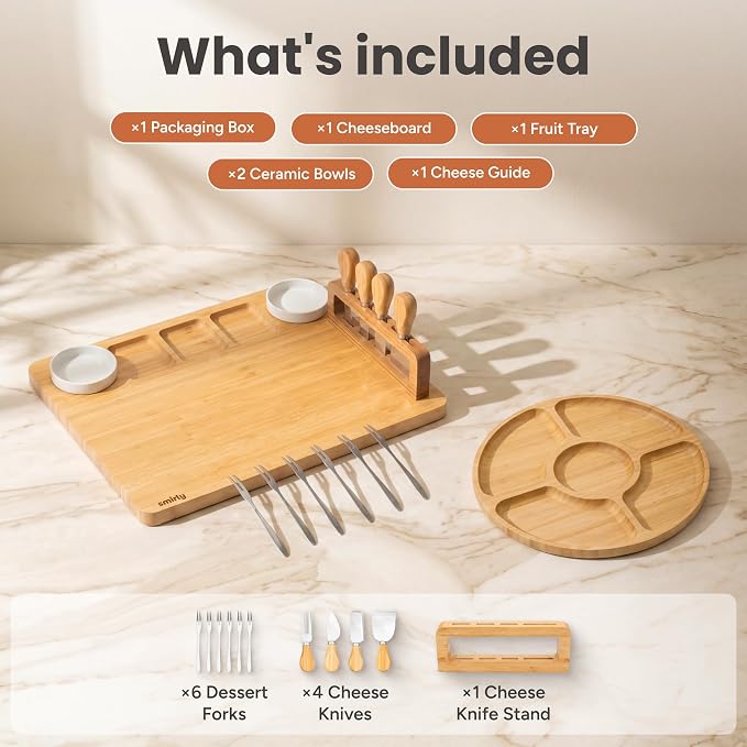 SMIRLY Charcuterie Boards Set, Large Cheese Board with Accessories, Bamboo | House Warming Gifts, Wedding Gifts for Couples, Bridal Shower Gifts, Magnetic Holder for 4 Cheese Knives, Fruit Tray