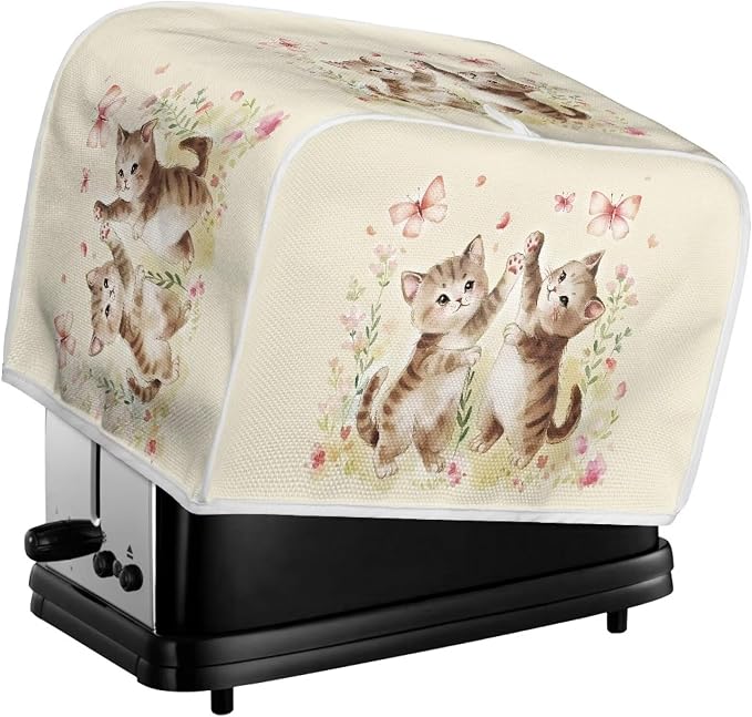 Cat Butterfly Print Toaster Cover For Home Office, Spandex Quilted Toaster Cover 2 Slice Wide Slot Breadmaker Cover Stain And Fingerprint Protection, Beige