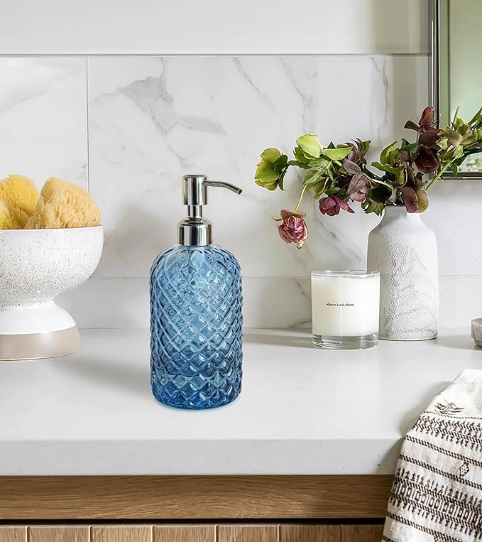 JASAI 18Oz Gem Patterned Glass Soap Dispenser for Kitchen and Bathroom | Refillable Hand soap Dispenser with Rust Proof Stainless Steel Pump, Clear Soap Dispenser Bathroom for Dish Soap, Hand Soap.