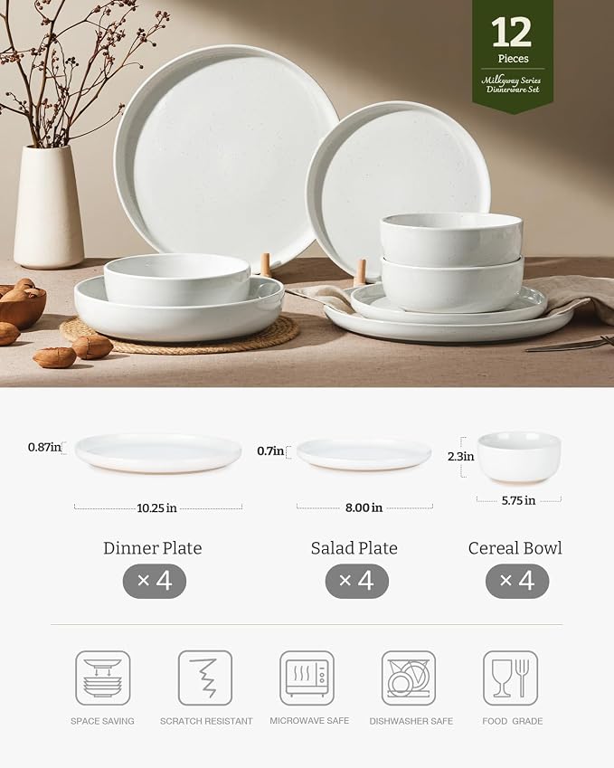 Famiware Milkyway 12-Piece Stoneware Dinnerware Set, White | Plates and Bowls for 4, Dishes Set for Everyday & Formal Use, Microwave & Dishwasher Safe, Chip & Scratch Resistant