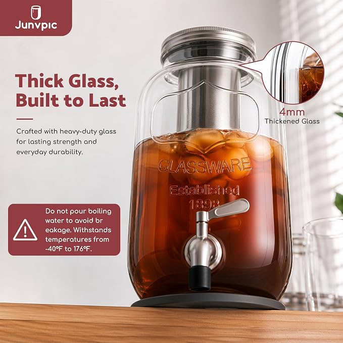 JunVpic Cold Brew Coffee Maker, 128 oz/1 Gallon Glass Pitcher | Wide mouth, heavy-duty, leakproof lid, stainless steel filter and spigot for iced coffee, lemonade, tea and fruit drinks
