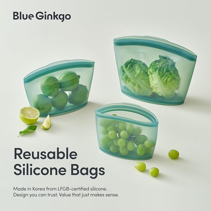 Blue Ginkgo Silicone Food Storage Bags, 3-Pack, Reusable, Made in Korea | Leakproof. Stand Up. Freezer and Dishwasher Safe. (Forest Green)