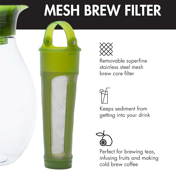 Primula The Big Iced Tea Maker and Infuser, Plastic Beverage Pitcher with Leak Proof, Airtight Lid, Fine Mesh Reusable Filter, Made without BPA, Dishwasher Safe, Green