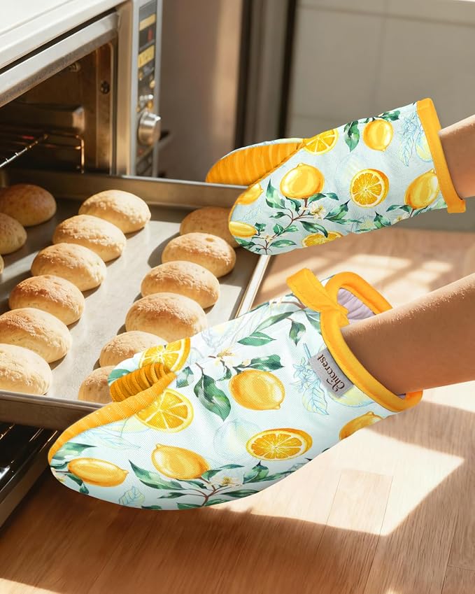 100% Thick Cotton Mini Oven Mitts Silicone Grip Stylish Lemon | Girly Cute Oven Mitts for Women, Machine Washable, Non-Slip, Reversible Design Fits Both Hands, Stylish Kitchen Decor