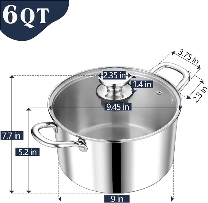 P&P CHEF 6 Quart Tri-Ply Stainless Steel Stock Pot, Cooking Pot with Lid | 6 Qt Stockpot for Soup Pasta Vegetable, Induction Cookware for All Stoves, Sturdy & Double Handle, Oven & Dishwasher Safe