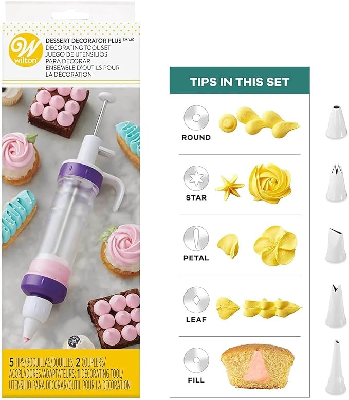 Wilton Dessert Decorator Piping Kit, Plunger-Style Tool | Plunger-Style Decorator Includes Couplers, Fill Tip & 4 Decorating Tips, Perfect for Filling, Frosting & Decorating Treats