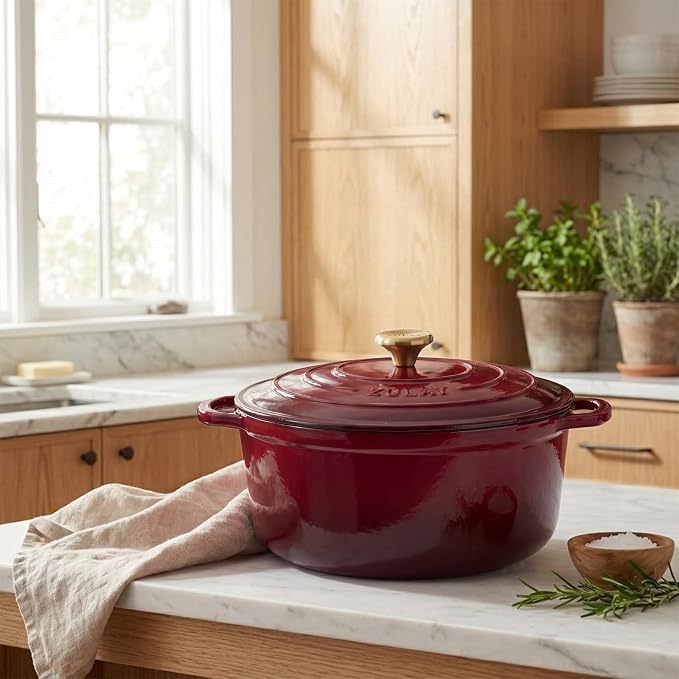 Zulay Kitchen 6.4QT Enameled Cast Iron Dutch Oven Pot with Lid, Heavy-Duty Soup Pot for Stews, Braising, Roasting & Sourdough Bread Baking, Oven Safe up to 500°F – Garnet
