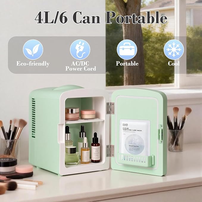 Mini Fridge, 4 Liter /6 Cans Makeup Fridge with Dimmable LED Mirror - Green | Compact Mini Skincare Fridge for Beauty & Beverages, Dual-use Portable Tiny Fridge for Bedroom, Desk, Office, Home, Car, Gift