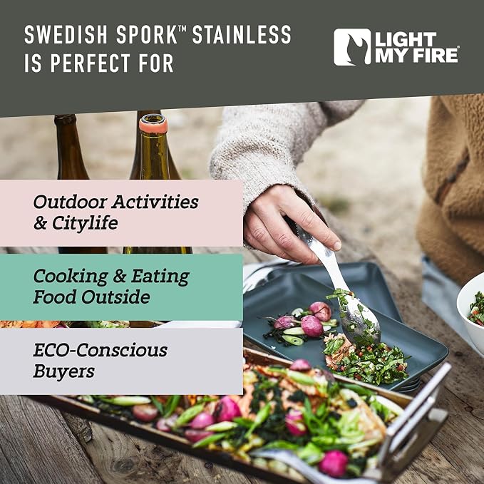 Light My Fire Sporks Stainless Steel (18/8) Camping Spork 2-Pack, Unbreakable Fork Spoon Knife Set - Sporks Reusable Camping Utensils, Durable & Lightweight Metal Spork, Outdoor Hiking Survival Gear
