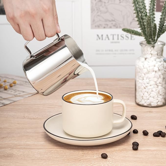 Amrules Milk Frothing Pitcher 20oz Frother Cup Barista Tools, Silver | 18/8 Stainless Steel, 20oz Capacity with Clear Scale, with Decorating Pen, Ergonomic Handle, for Cappuccino, Latte & Espresso
