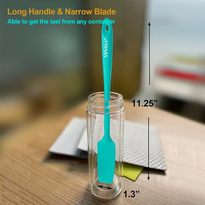 2-Pack Vovoly Silicone Jar Spatula, Long Handle Jar Spatulas, High Heat Resistant Small Rubber Spatula, Seamless Design, Stainless Steel Core, BPA Free, Teal