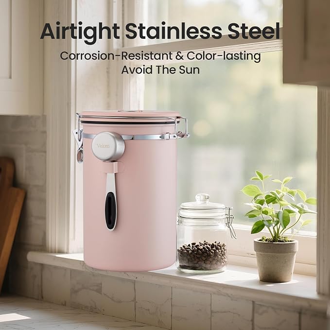 Veken Coffee Canister,39OZ, 2.2lbs,Large Airtight Stainless Steel Container | Date Tracker, Kitchen Food Storage Jars for Beans, Ground, Espresso, Rice,Tea, Sugar, Cereal, Cookie,Gifts, Lids, Scoop, Pink