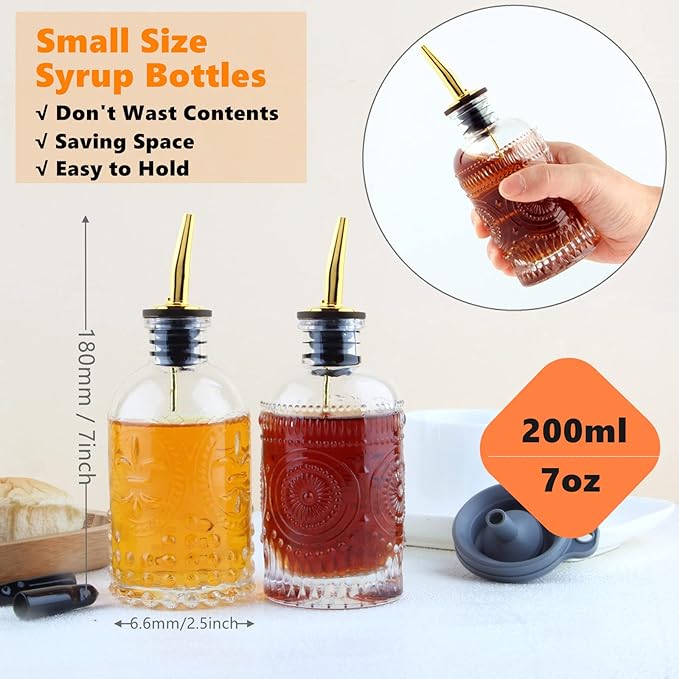 Shining Craft Coffee Syrup Dispenser Bottles Set 2 Pack 7 OZ Simple Small Syrup Bottles Set with Metal Pour Spout Ideal for Coffee Syrups, Condiments, Coffee bar, SC056 (2 pack)