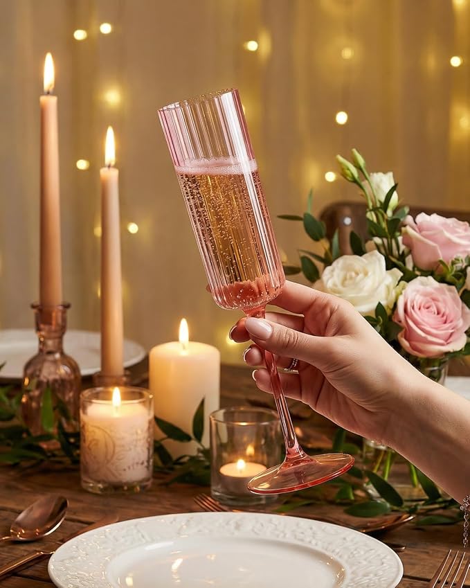 Ciaell 24 Pack Pink Plastic Champagne Flutes for Mimosa Bars | 6 oz Pink Long Stem Vintage Ribbed Mimosa Glasses, Heavy Duty Plastic, Champagne Mimosas Wine Cocktails for Weddings Parties