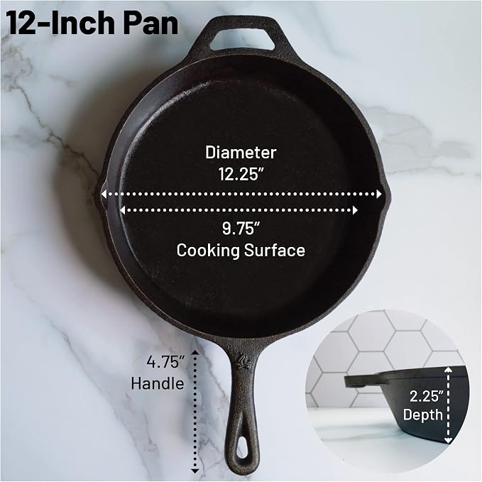12 Inch Round Large Pre-Seasoned Cast Iron Skillet