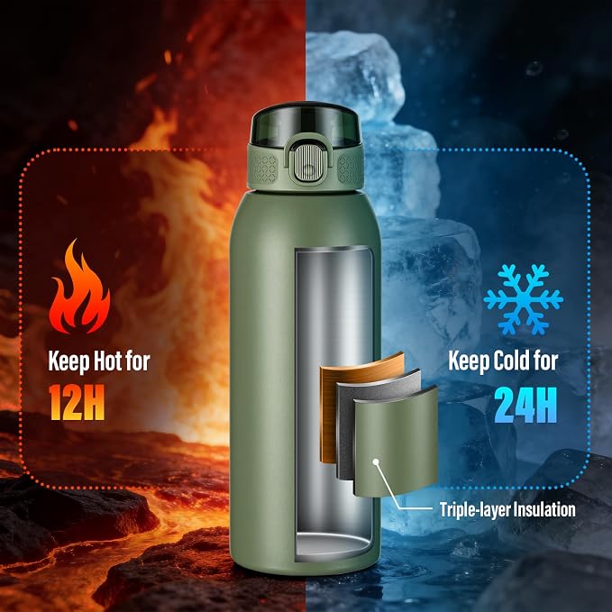 Insulated Water Bottle 24 oz with Dustproof Lid, Carry Handle & Tea Infuser, BPA-Free & Leakproof, Stainless Steel Water Bottles Ideal for Fitness, Hiking, Office & Outdoor Use（Olive Green）