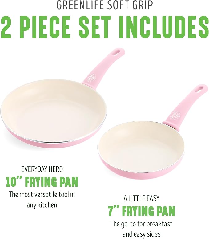 GreenLife Non Stick Fry Pan Set (7" & 10"), Non-Toxic PFAS-Free Ceramic Skillets, Dishwasher & Oven Safe, Egg Omelet Frying Pans, Stay- Cool Handles, Kitchen Home Cooking Essentials, Pink