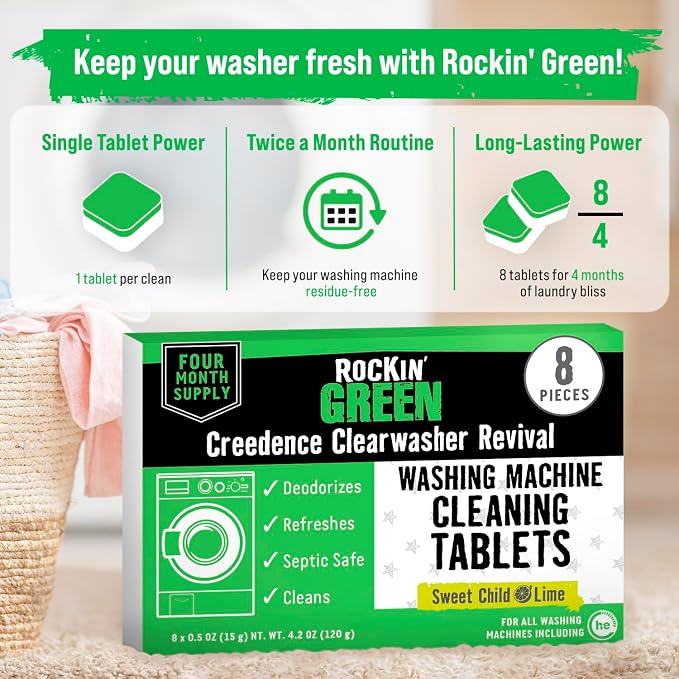 Rockin' Green Washing Machine Cleaner Lime 8 Pk | Deep Cleaning, Deodorizing, for Dishwashers Washing Machines Garbage Disposals, Removes Odor and Residue
