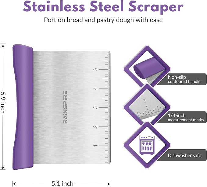 Upgraded 304 Stainless Steel Multi-Purpose Bench Scraper with Measurement Marks, Dishwasher Safe, Dough Cutter for Pizza, Bread and Cookie Dough Vegetable Chopper, Baking Supplies (Purple)