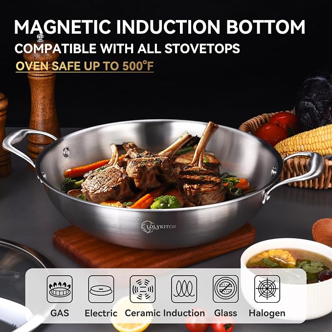 LOLYKITCH 12-Inch Stainless Steel Wok with Lid | 5-Quart | Dual Handles | Uncoated Tri-Ply Stir Fry Pan | Everyday Cooking Wok for Induction | Flat Bottom | PFOA-FREE | 3-4 Servings ﻿