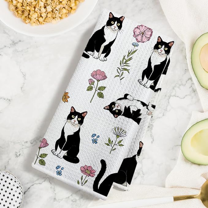 Jztco Cat Kitchen Towels, Floral Cats Gifts Reusable Hand Towels | Cat Lover Gifts for Women Mom, Microfiber Dish Cloths for Drying Dishes, Waffle Dish Towels for Kitchen Home Bathroom Decor
