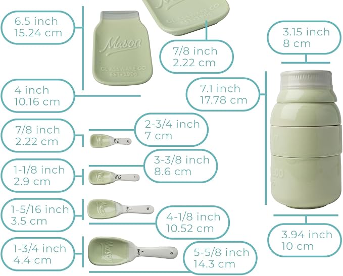 Comfify Green Mason Jar Measuring Set – 4 Cups, 4 Spoons, Spoon Rest | Green; ceramic; 9-piece set; 4 measuring cups + 4 measuring spoons + spoon rest; mason jar design; hand wash only