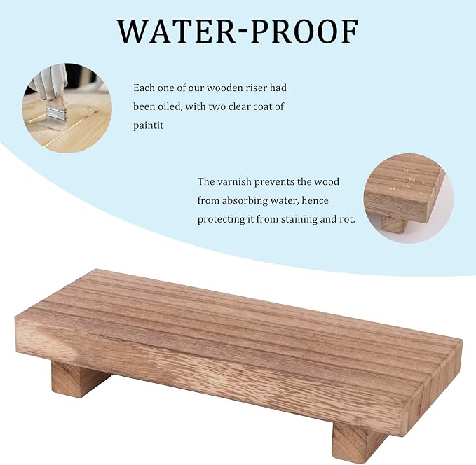 zoocatia Small Wood Tray Pedestal Stand Farmhouse Bathroom Decor Decorative Wooden Riser Kitchen Soap Dish Holder for Vanity, Counter, Sink, Brown (Pack of 2)
