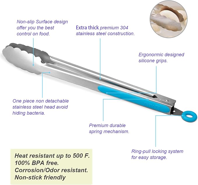Premium 304 Stainless Steel Tongs Set – 12" Grill Tongs & 9" Cooking Tongs, Heat Resistant up to 600°F, Wavy Grip Head, Non‑Slip Handle with Locking Clip & Hanging Loop, Dishwasher Safe, Blue