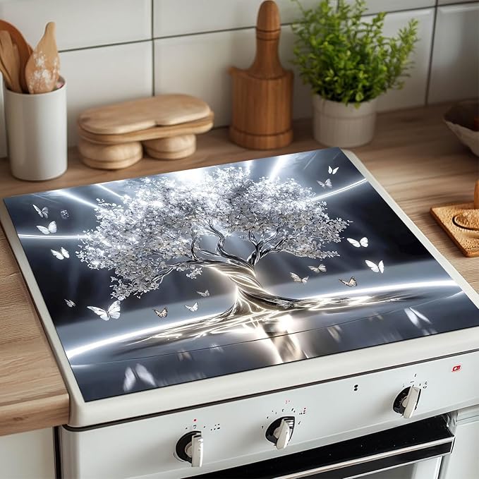 HOMETITUTE Silver Tree Stove Top Cover 28x20 Tree of Life Diatomite Mat