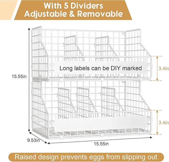 Egg Holder Countertop with 5 Dividers & DIY Labels to Separate Eggs, 2-Tier Stackable Wire Baskets, XXL Egg Basket for Gathering Fresh Eggs - Egg Organizer for Wall-Mounted(Patent Pending), White