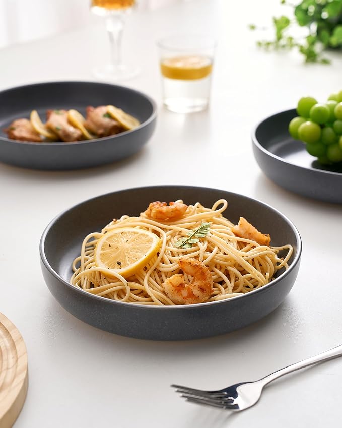 famiware Milkyway 33 oz Pasta Bowls Set of 4, Matte Dark Charcoal | Double Reactive Glaze, Scratch-Resistant Stoneware Salad Bowls, Stackable, Dishwasher & Microwave Safe, Lead-Free