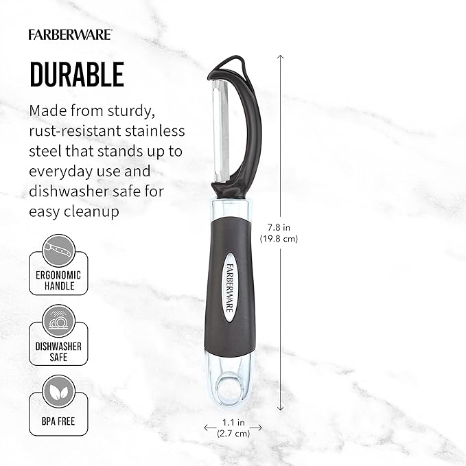 Farberware Pro2 Euro Vegetable Peeler with Swivel Blade and Built-In Bud Remover, Razor-Sharp Rust-Resistant Stainless Steel, Ergonomic Handle, Dishwasher Safe