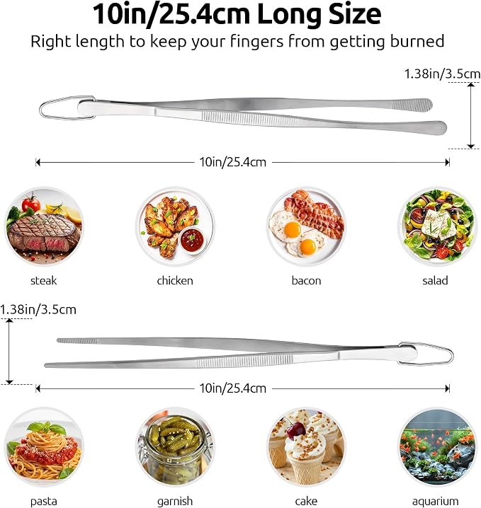 U-Taste Kitchen Cooking Tweezers, 18/8 Stainless Steel Tongs Set of 2, 10in | Food-Grade Metal Food Tongs Set, Seamless-Welding, Long Professional Chef Tweezer for Plating Serving Grilling Frying Feeding