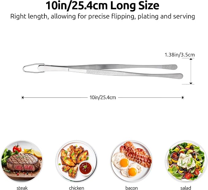 U-Taste Kitchen Cooking Tweezer, 18/8 Stainless Steel Tong, 10in/Round Tip | Food-Grade Metal Food Tong with Non-Slip Tips, Professional Chef Tweezers for Plating Serving Grilling Frying Cooking Baking