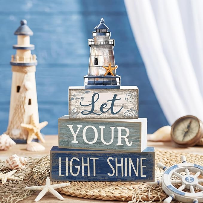 Lineshading 4 Pcs Lighthouse Coastal Decor Wooden Block Signs Rustic | Bathroom Tabletop Decoration for Home, Lighthouse Topper Tiered Display, Let Your Light Shine Phrase Wood Stacking Blocks