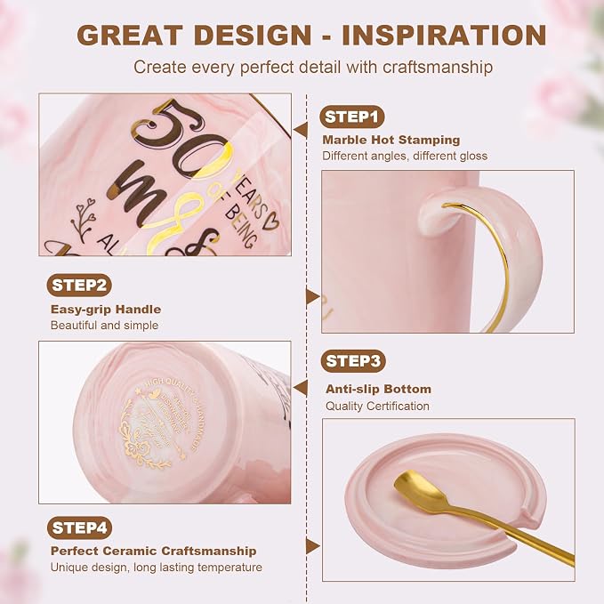 50th Wedding Anniversary for Couples, Gifts for Golden 50th Anniversary | 14Oz Ceramic Marble 50 Year Coffee Mug Set Gift for Parents Grandparents, with Real Gold Foil, Greeting Card, Gift Box