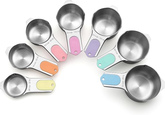 Spring Chef Magnetic Stainless Steel Measuring Cups Set of 7, Pastel | Patented Metal Measuring Cups for Measuring Dry or Liquid Ingredients, Easy to Read Markings, Dishwasher Safe Magnetic Cups