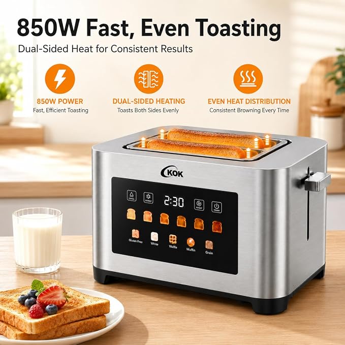KOK 2 Slice Touch Screen Toaster, Stainless Steel Smart Toaster with 1.6” Extra Wide Slots, 6 Browning Levels & 5 Bread Presets, Digital Timer Defrost Reheat Cancel, Removable Crumb Tray for Kitchen