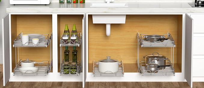 OCG 2 Tier Pull Out Cabinet Organizer (21.5" W x 18" D), Pull Out Shelves for Kitchen Cabinets, Slide Out Pantry Shelves for Base Cabinet Organization in Kitchen Bathroom Pantry, Chrome Finish