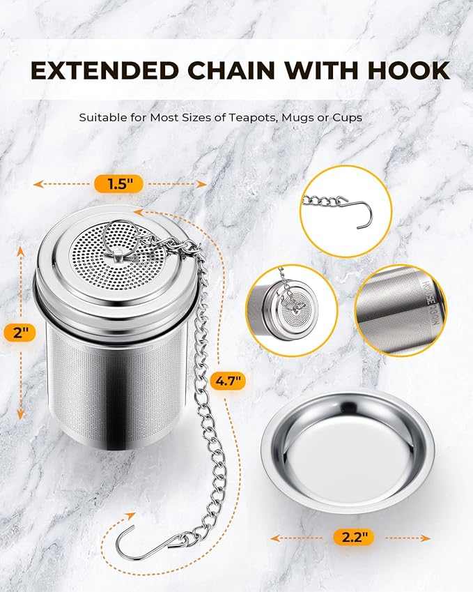 HOUSE AGAIN Tea Infuser, Extra Fine Mesh Tea Strainers for Loose Tea, 18/8 Stainless Steel Tea Strainer with Extended Chain Hook, Tea Steeper for Brew Tea, Spices & Seasonings for Single Cup, 1 Pack